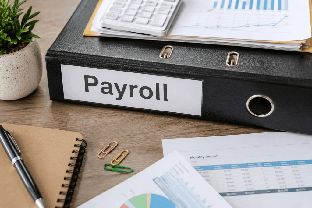 Payroll management binder with financial reports and calculator on office desk